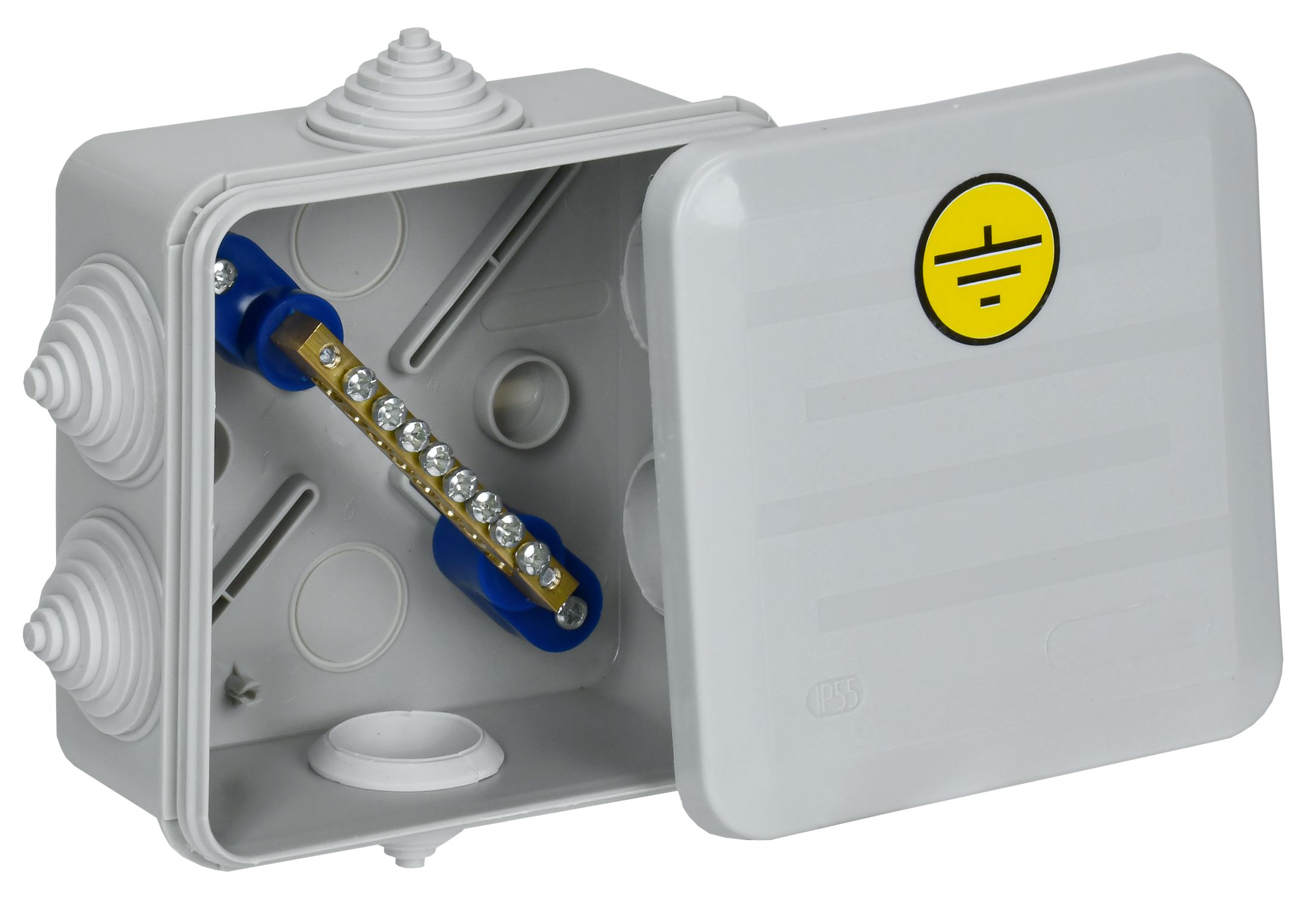 Коробка уравнивания потенциалов 100х100х50мм КУП КМ41361 с защелкивающейся крышкой  IP44 6 гермовводов (RAL 7035)