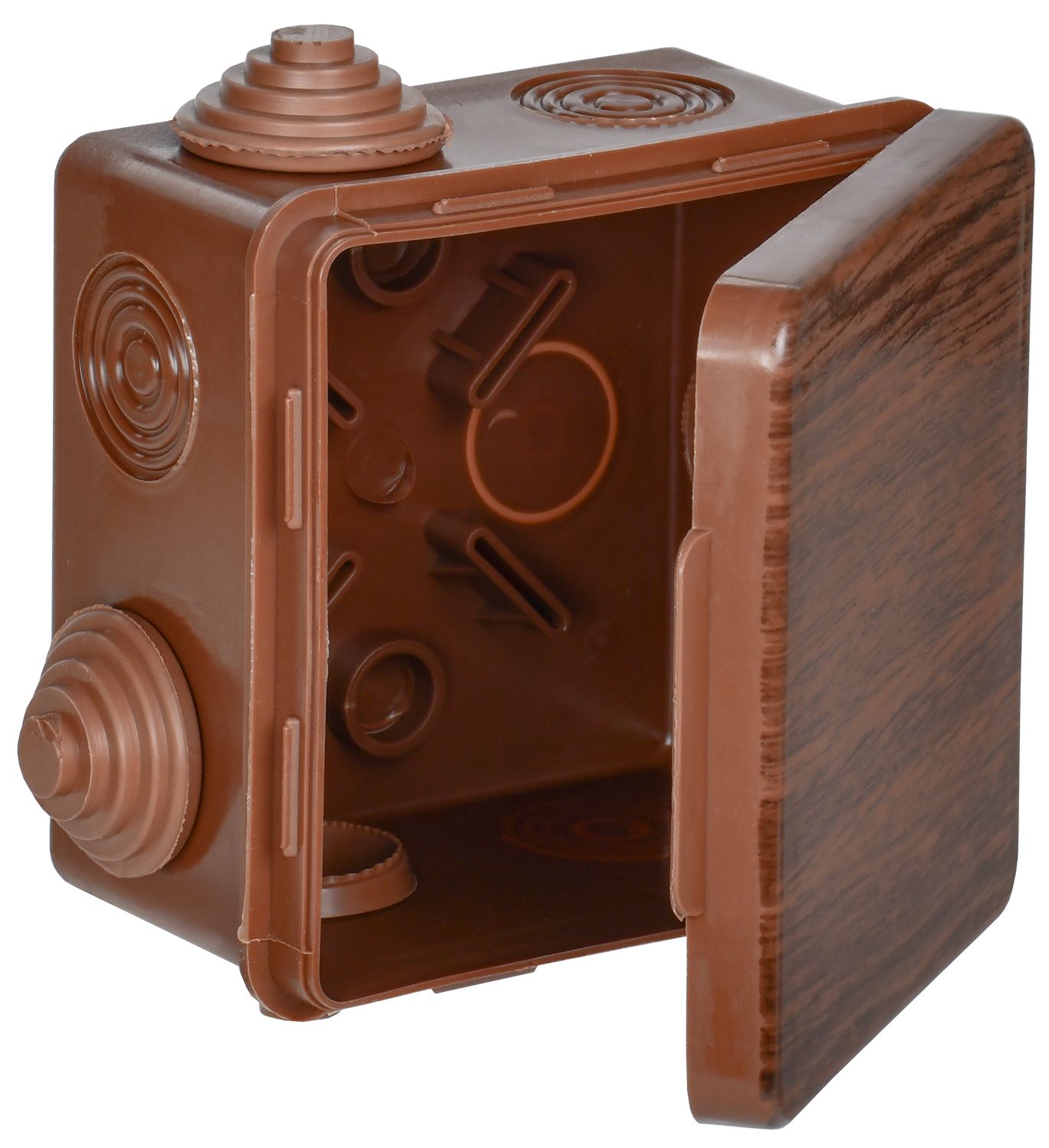 Коробка распределительная КМ 80х80х50мм для наружного монтажа с откидной крышкой  IP54 7 вв. дуб