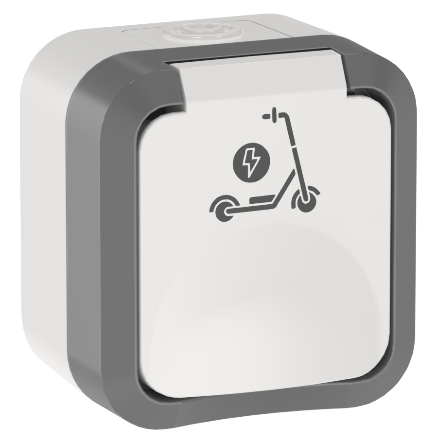TORS Розетка 1-местная с заземлением защитными шторками и крышкой с иконкой самокат 16А IP55 TS321 серо-белый IEK
