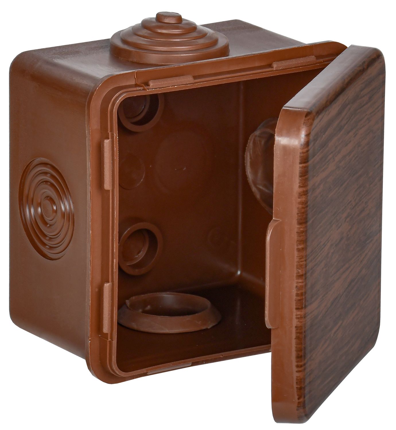 Коробка распределительная КМ 65х65х50мм для наружного монтажа с откидной крышкой  IP54 4 вв. дуб