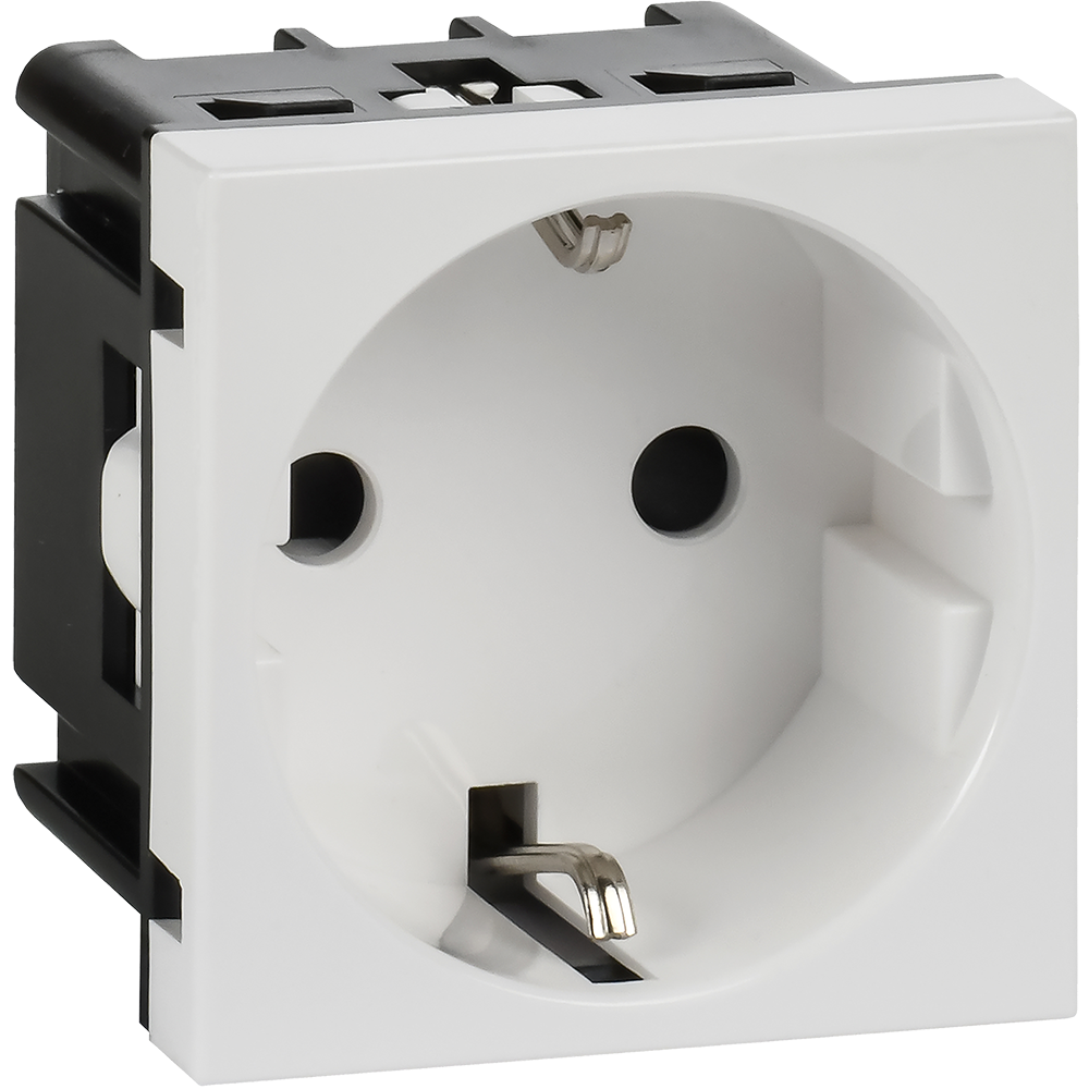 Розетка с заземляющим контактом защитной шторкой и винтовым зажимом (2 модуля) белая