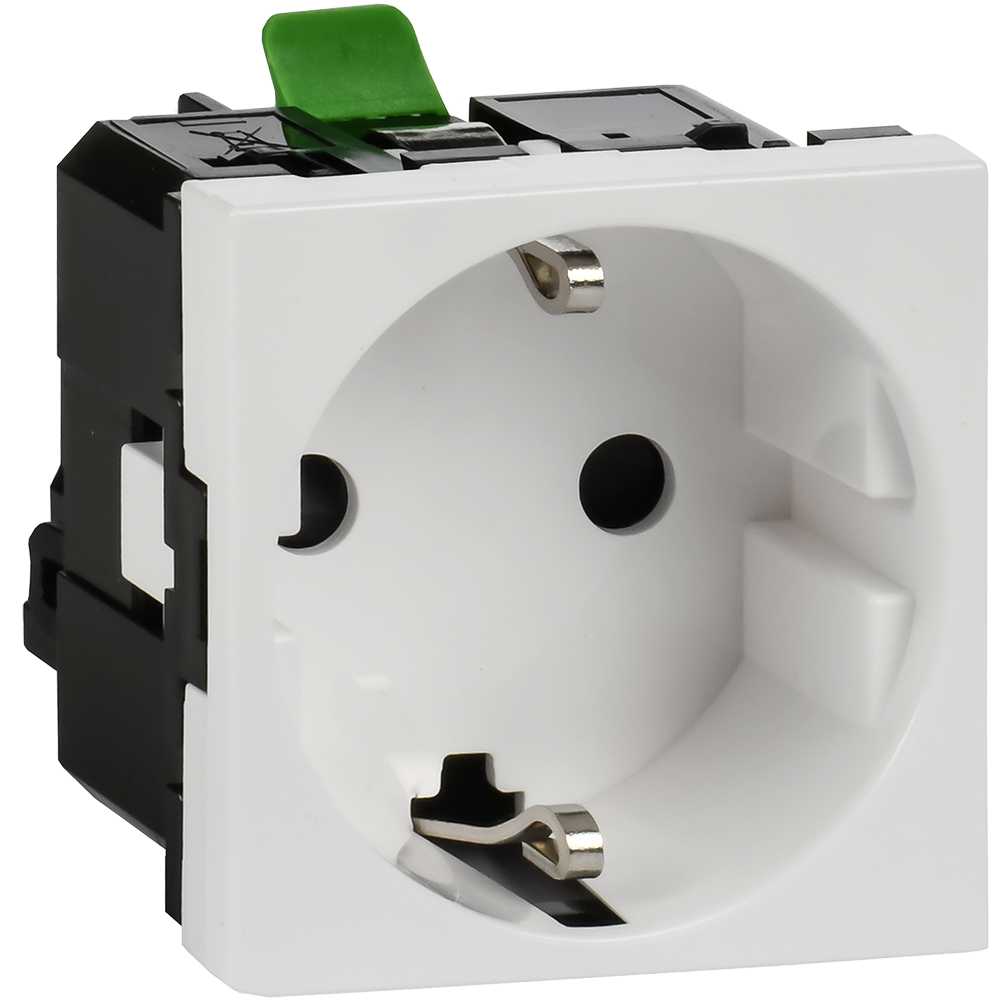 Розетка с заземляющим контактом без защитной шторки и безвинтовым зажимом (2 модуля) белая