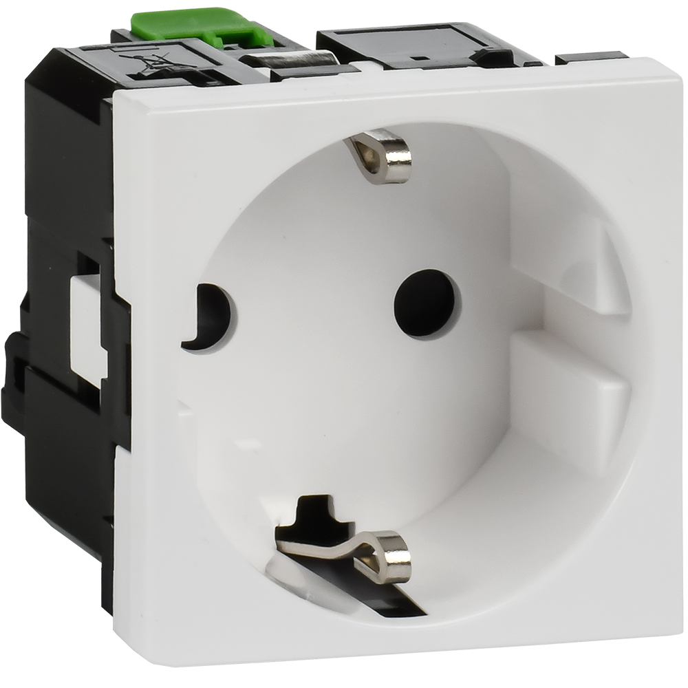 Розетка с заземляющим контактом защитной шторкой и безвинтовым зажимом (2 модуля) белая