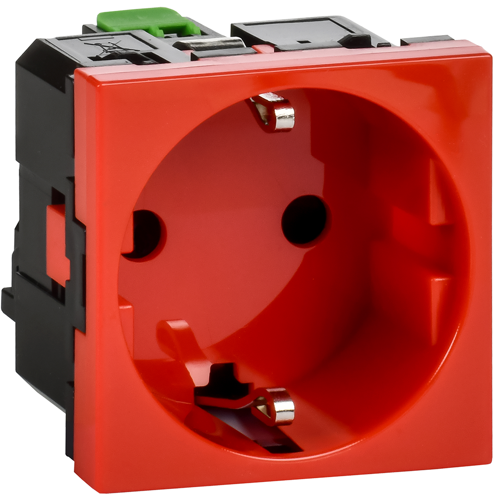 Розетка с заземляющим контактом без защитной шторки и безвинтовым зажимом (2 модуля) красная