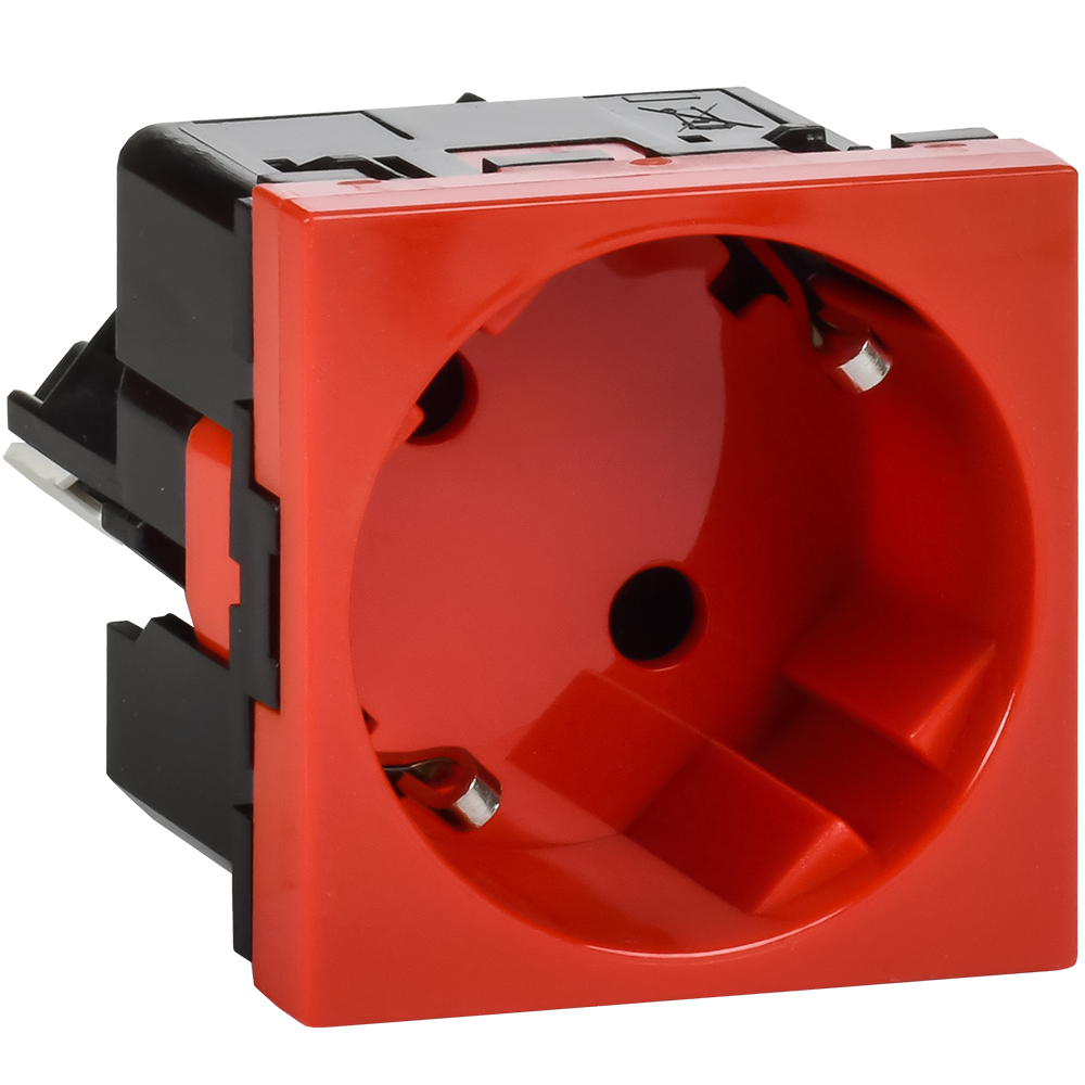 Розетка 45град с заземляющим контактом без защитной шторки и безвинтовым зажимом (2 модуля) красная