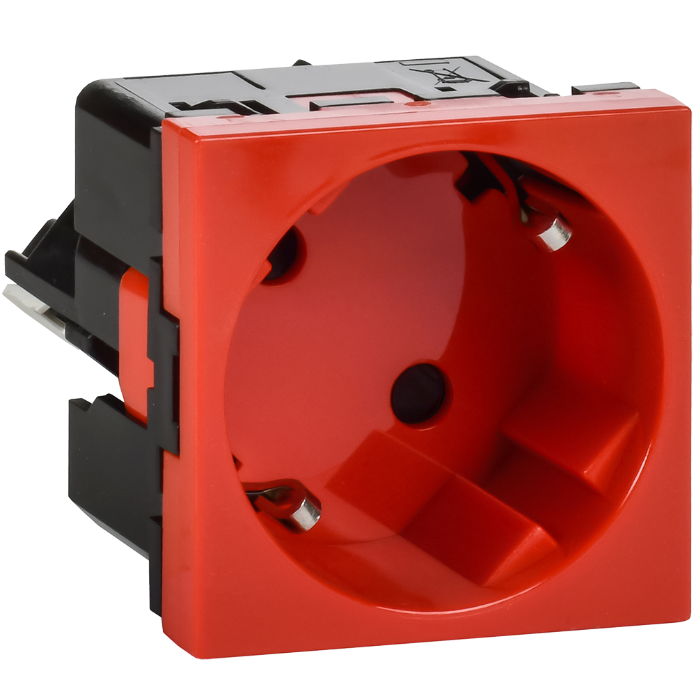 Розетка 45град с заземляющим контактом защитной шторкой и безвинтовым зажимом (2 модуля) красная