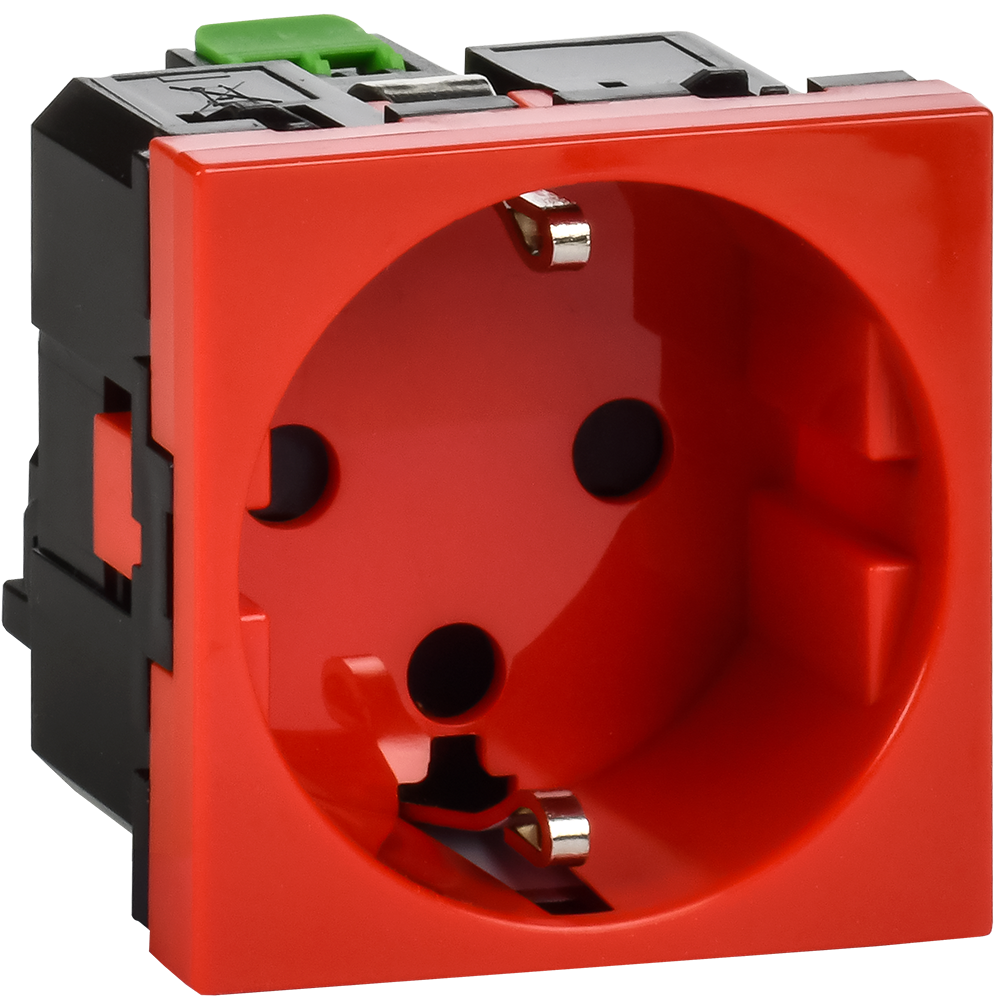 Розетка с заземляющим контактом защитной шторкой винтовым зажимом и блокировкой (2 модуля) красная