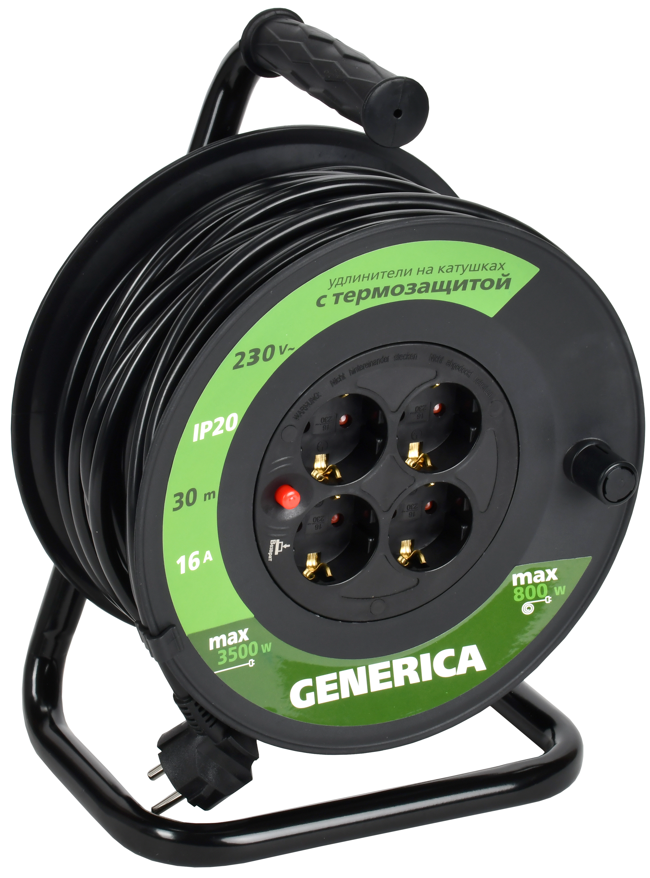 Удлинитель силовой УК30 с термозащитой 4 места 2P+PE/30м 3х1.5мм2 GENERICA