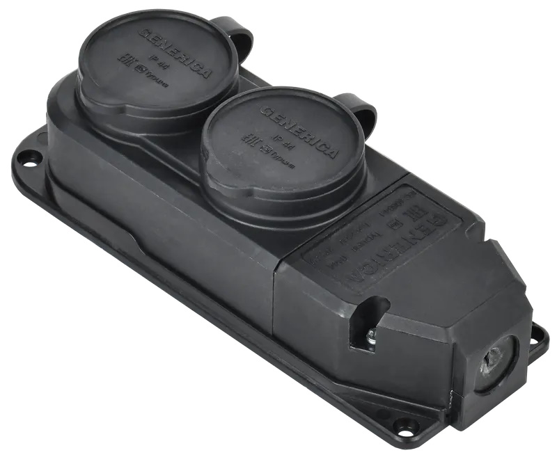 Розетка колодка 2-ая с защитной крышкой 16А IP44 каучук черная GENERICA