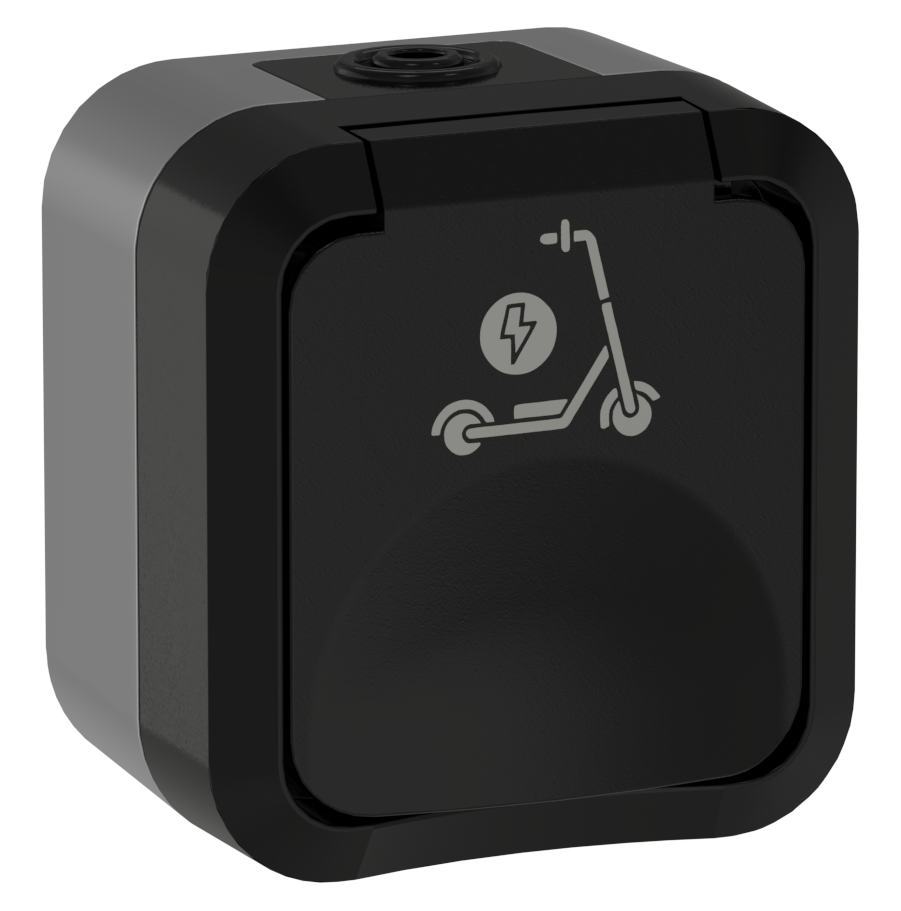 TORS Розетка 1-местная с заземлением защитными шторками и крышкой с иконкой самокат 16А IP55 TS121 графит IEK