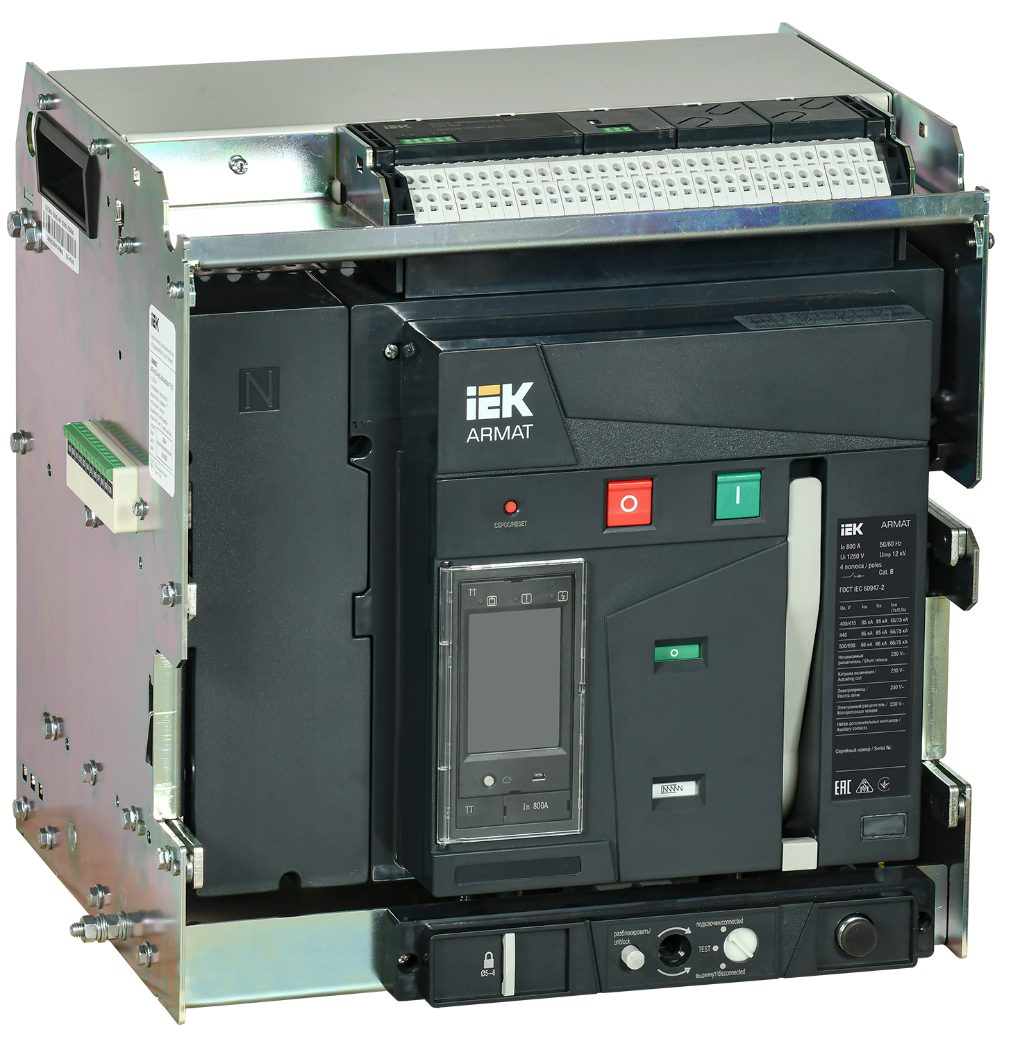 Выключатель автоматический воздушный выдвижного исполнения 4P типоразмер B 85кА 800А расцепитель TT с комплектом аксессуаров 220В