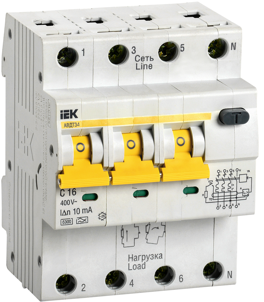 Автоматический выключатель дифференциального тока АВДТ34 C16 10мА MAD22-6-016-C-10 IEK