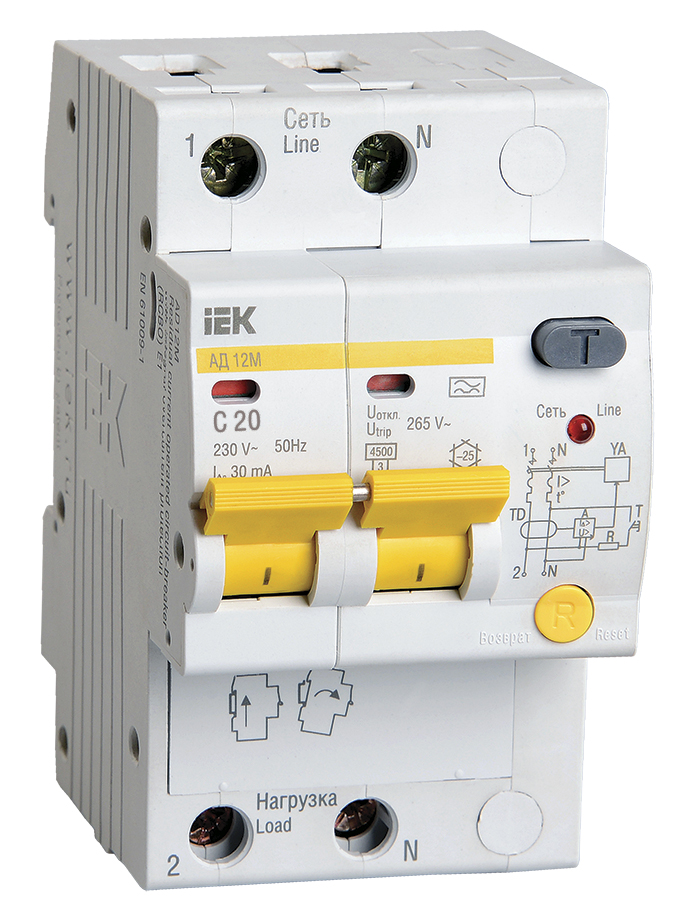 Дифференциальный автоматический выключатель АД12М 2Р С20 30мА MAD12-2-020-C-030 IEK