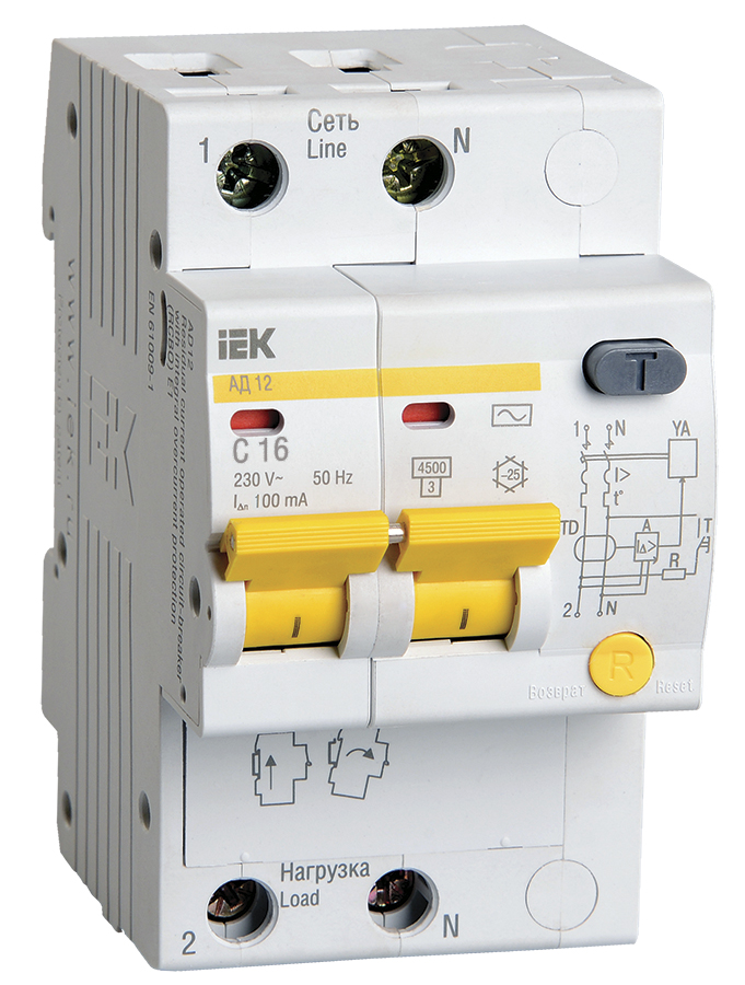 Дифференциальный автоматический выключатель АД12 2Р 16А 100мА MAD10-2-016-C-100 IEK