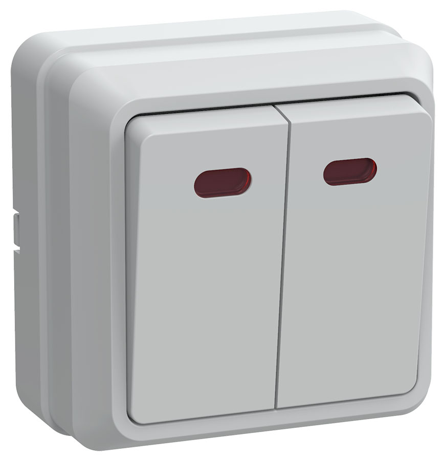 OKTAVA Выключатель 2-клавишный с индикацией для открытой установки 10А ВС20-2-1-ОБ белый GENERICA