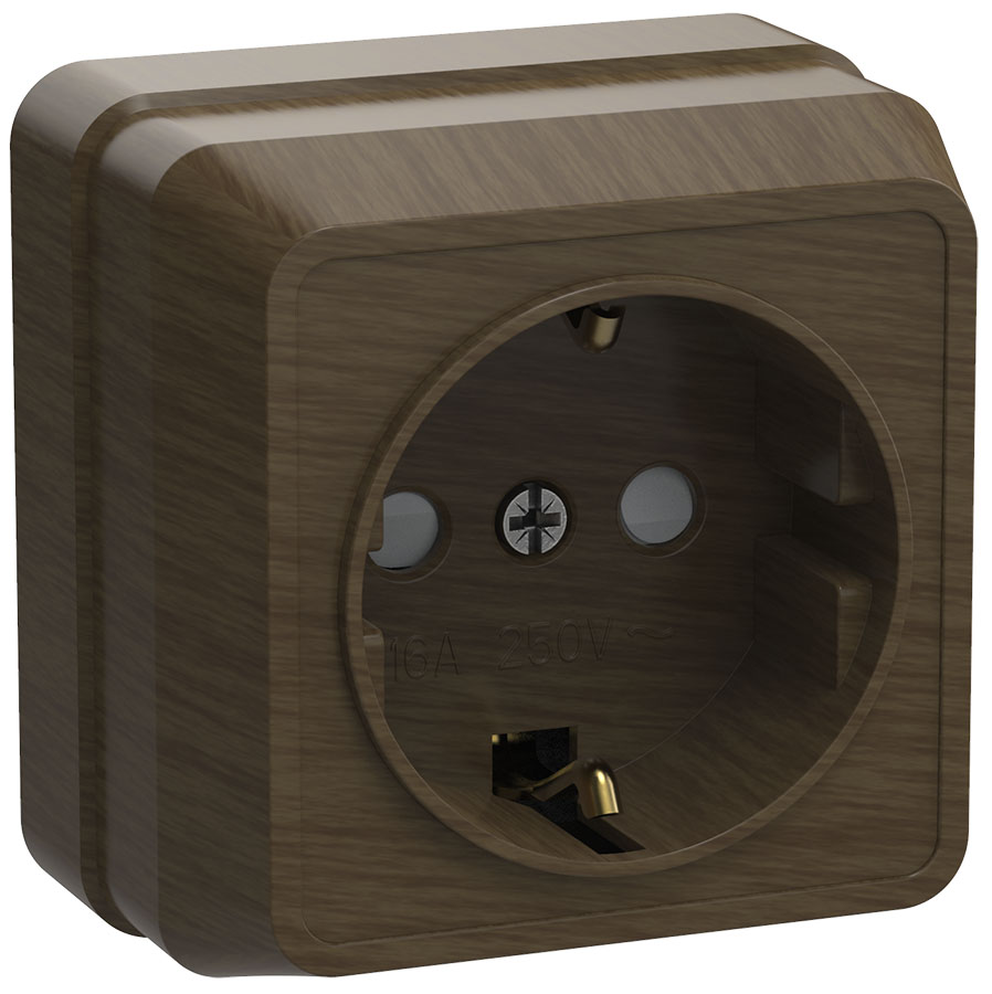 OKTAVA Розетка 1-местная с заземлением с защитными шторками для открытой установки 16А РСш20-3-ОД дуб GENERICA