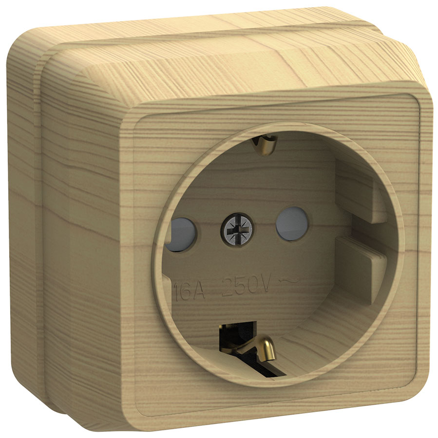 OKTAVA Розетка 1-местная с заземлением с защитными шторками для открытой установки 16А РСш20-3-ОС сосна GENERICA