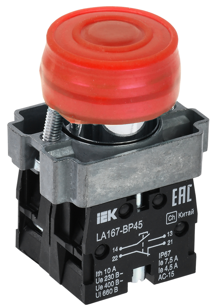 Кнопка LA167-BP45 d=22мм 1з+1р красная