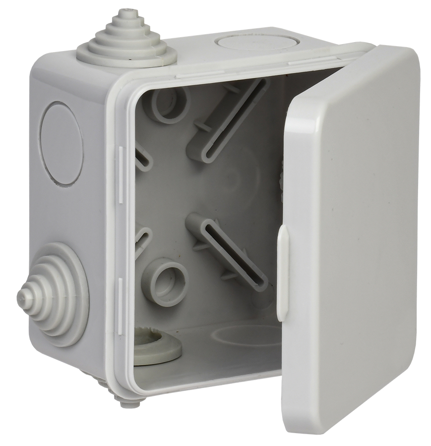 Коробка распаячная КМ41238 для открытой проводки соткидной крышкой 80х80х50мм IP54 (RAL 7035, 7 гермовводов)