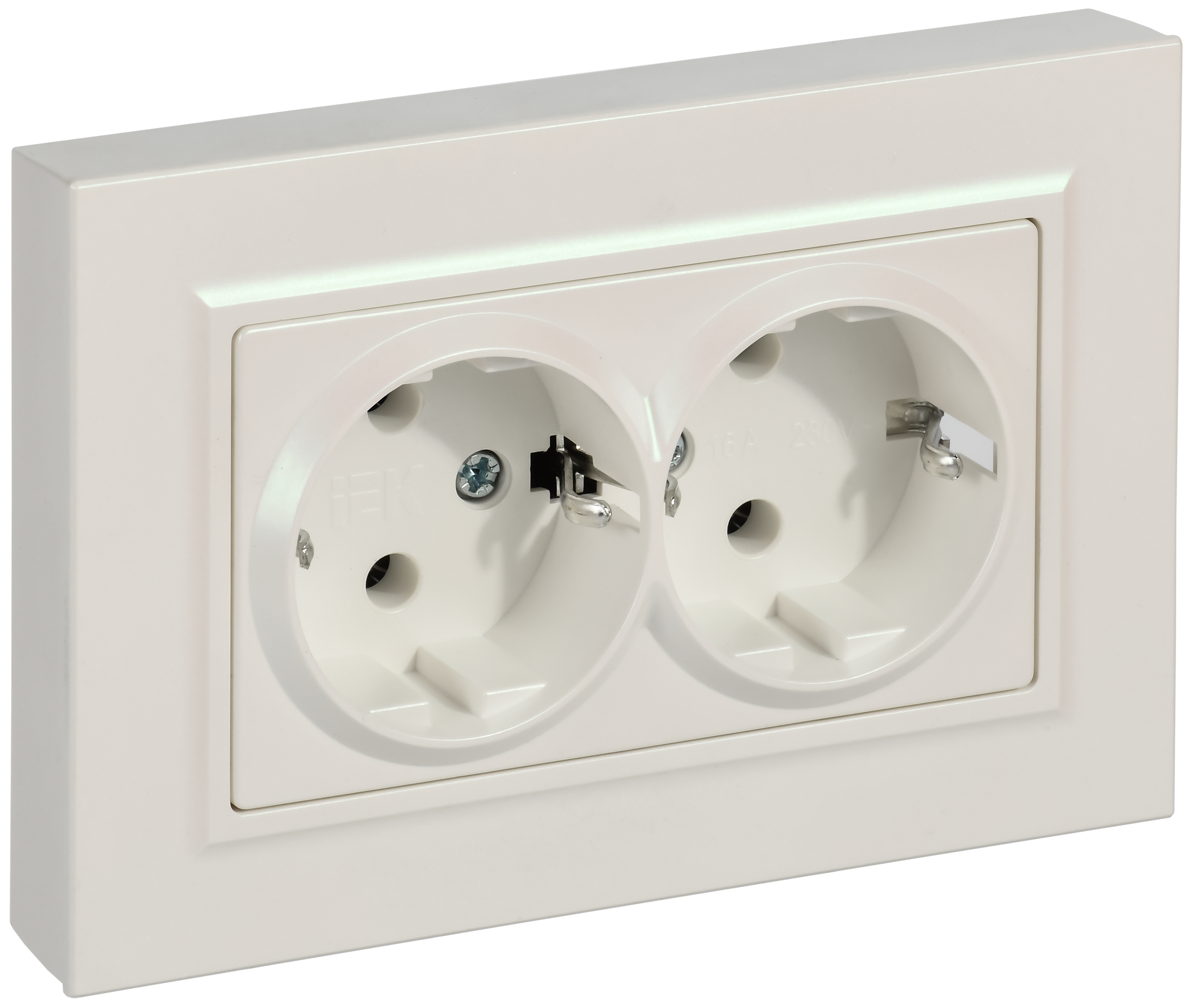 BRITE Розетка 2-местная с заземлением без защитных шторок плоская 16А в сборе РСПл12-3-БрЖ жемчуг IEK