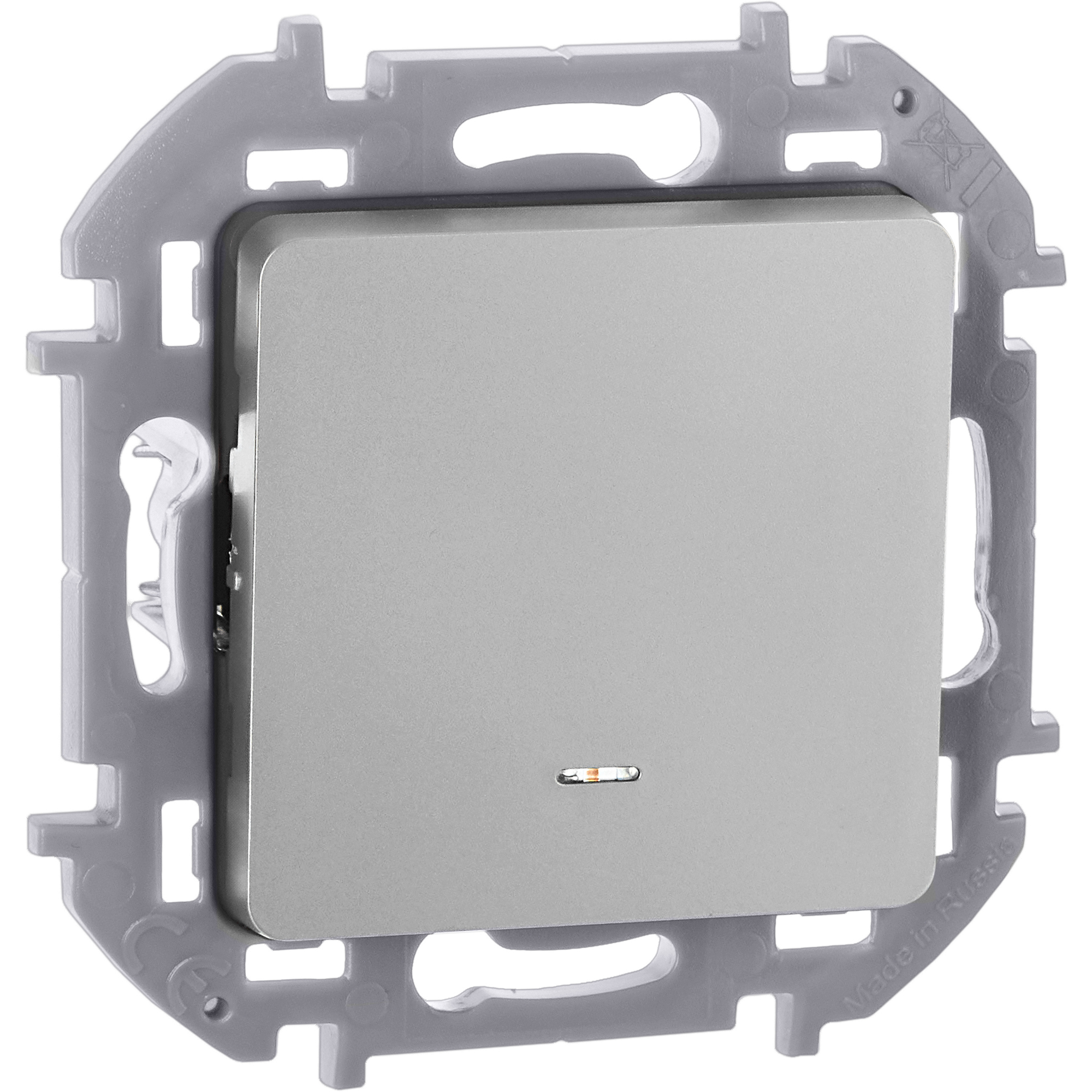 Выключатель 1-клавишный проходной с подсветкой/индикацией 10АХ безвинтовое крепление алюминий INSPIRIA