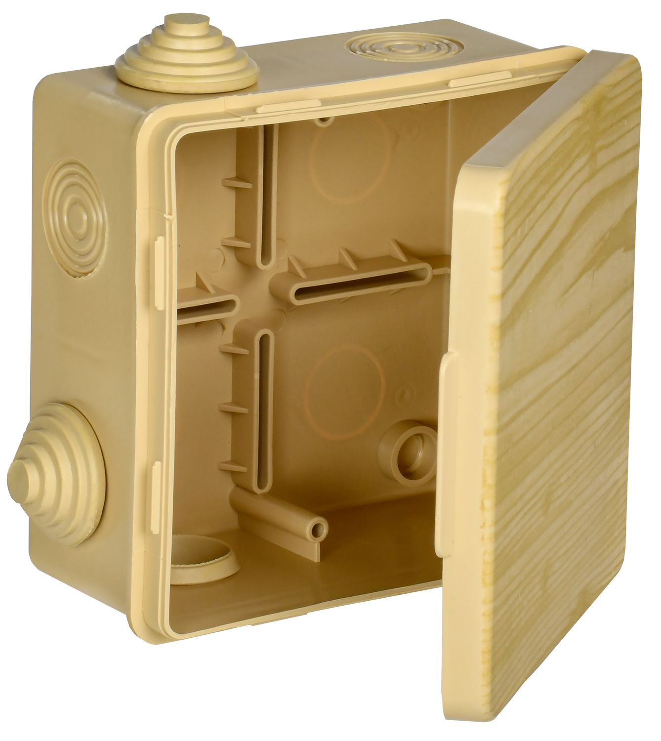 Коробка распределительная КМ 100х100х50мм для наружного монтажа с откидной крышкой  IP54 8 вв. сосна