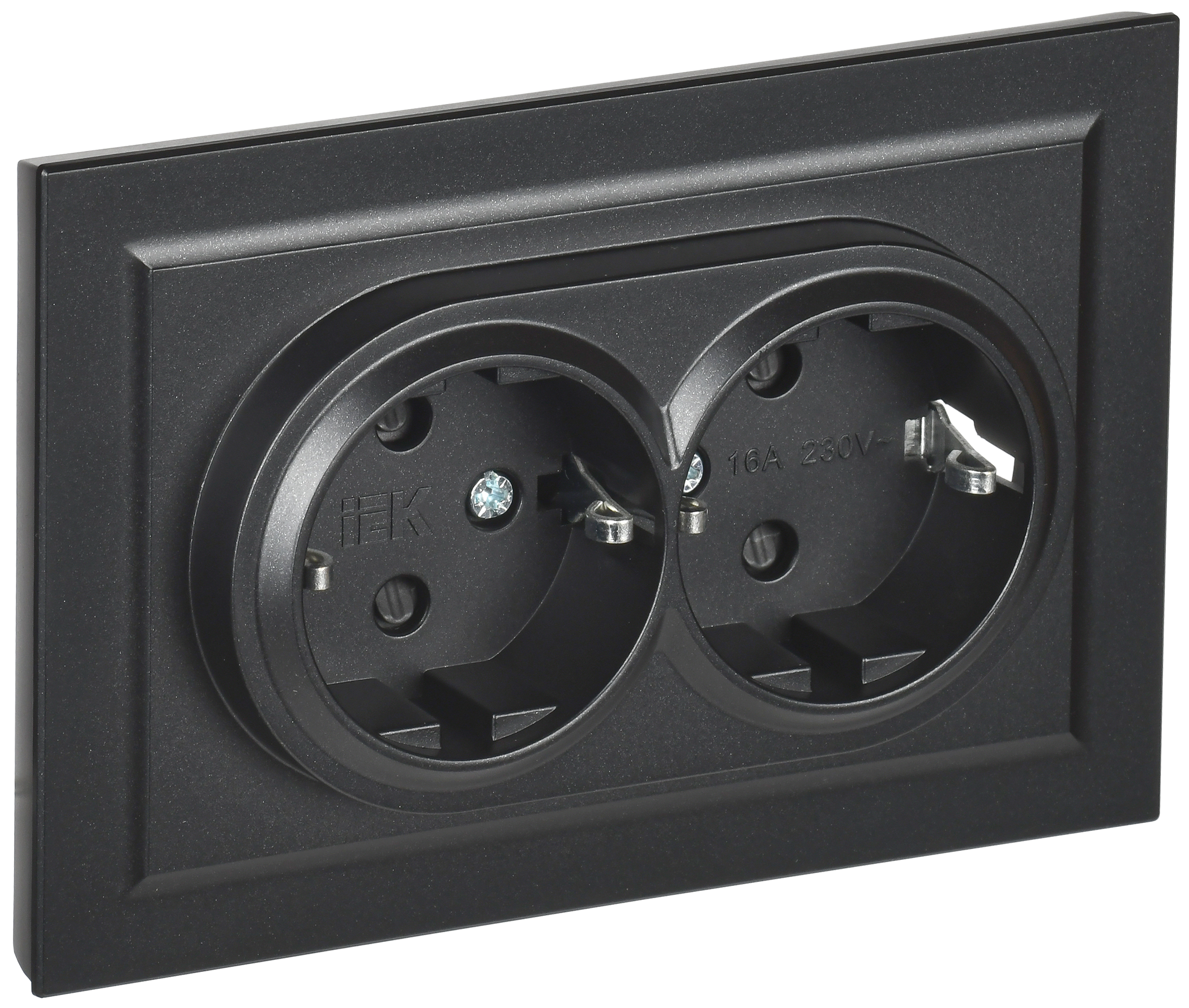 BRITE Розетка 2-местная с заземлением с защитными шторками 16А безвинтовое крепление в сборе РСш22-3-БрЧ черный IEK