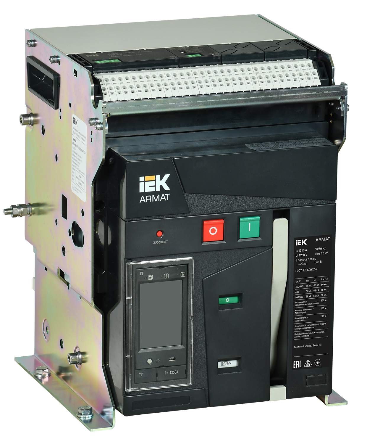 Выключатель автоматический воздушный стационарного исполнения 3P типоразмер A 66кА 1250А расцепитель TT с комплектом аксессуаров 220В