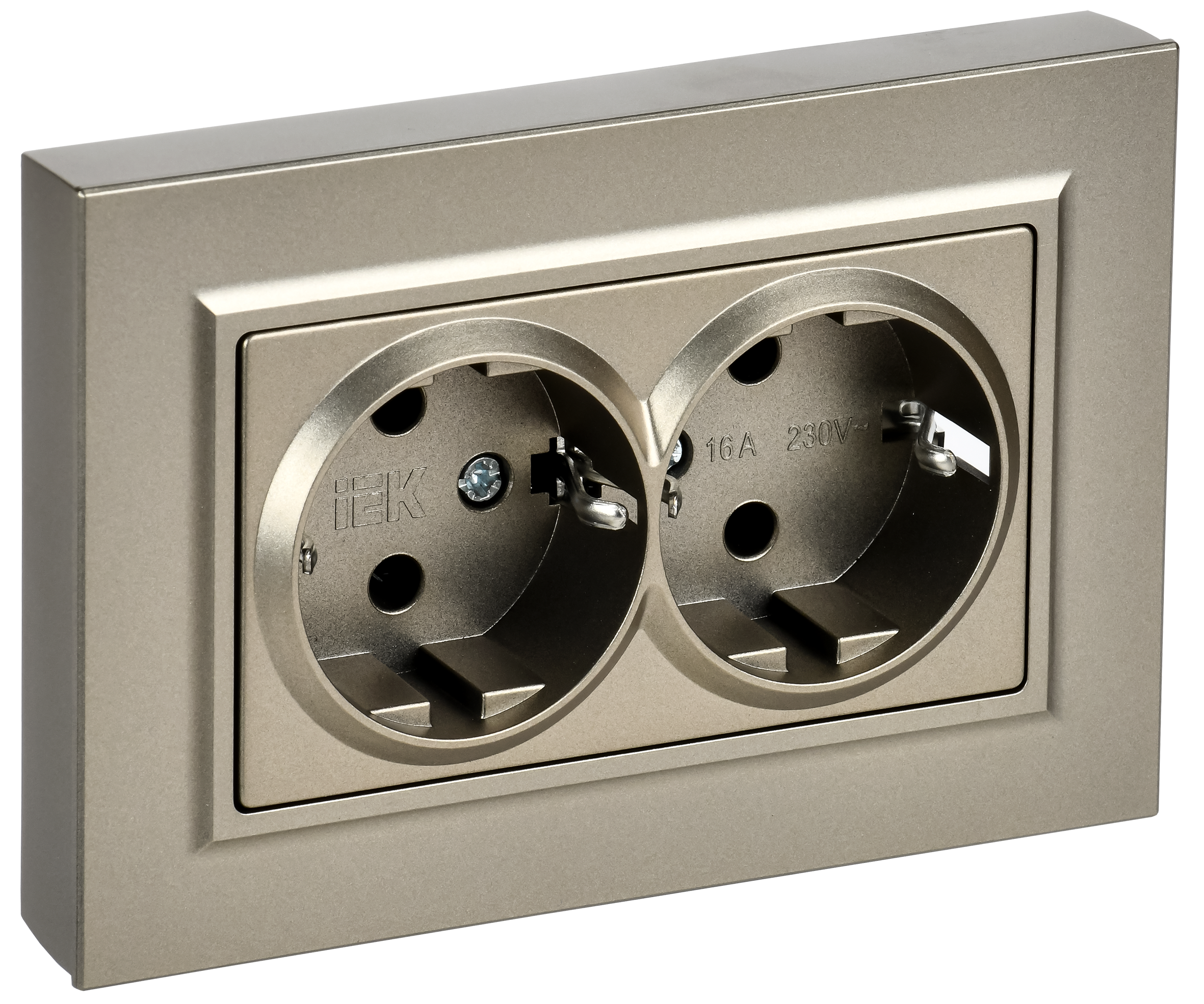 BRITE Розетка 2-местная с заземлением без защитных шторок плоская 16А в сборе РСПл12-3-БрШ шампань IEK