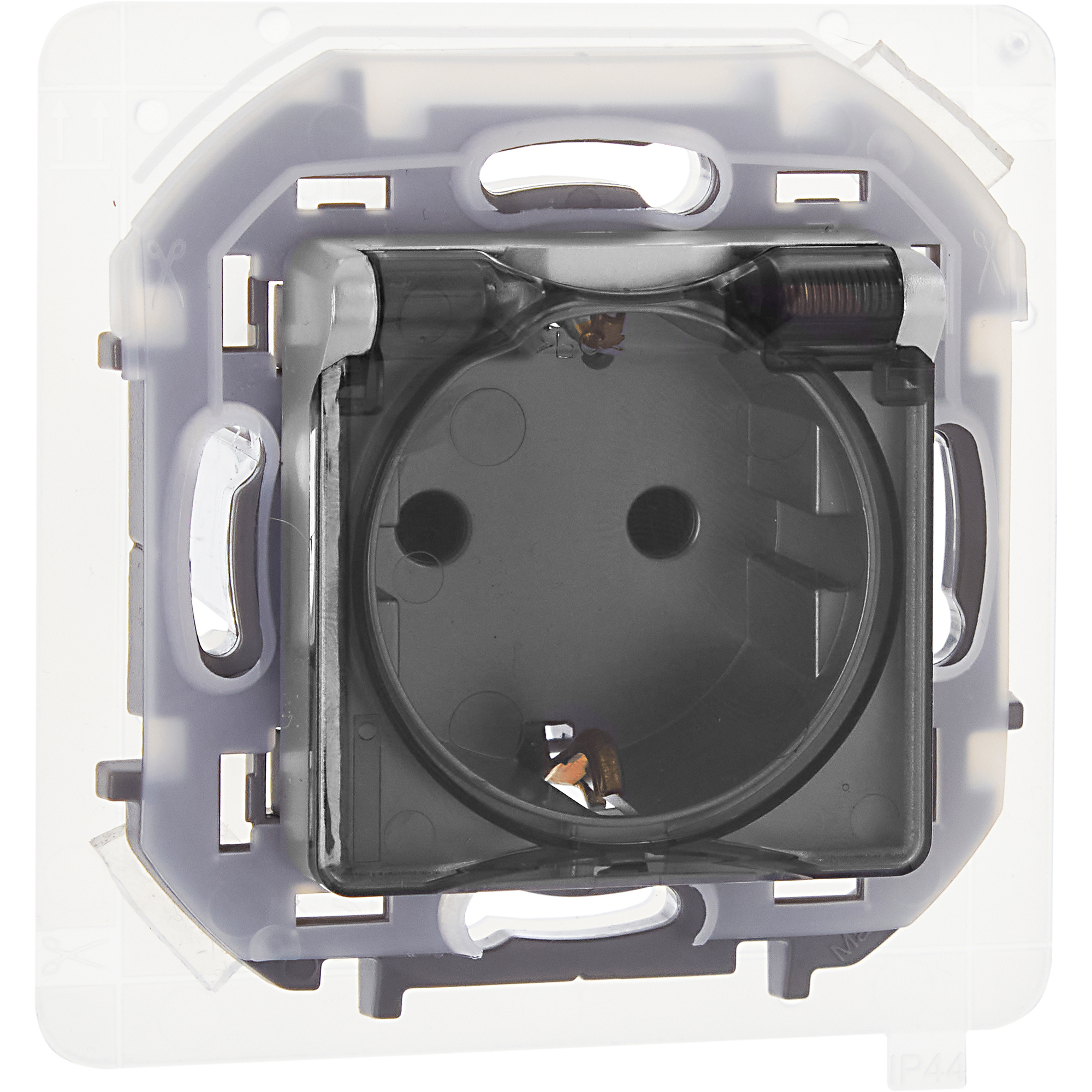 Розетка 1-местная с заземлением с защитными шторками и крышкой 16А IP44 алюминий INSPIRIA