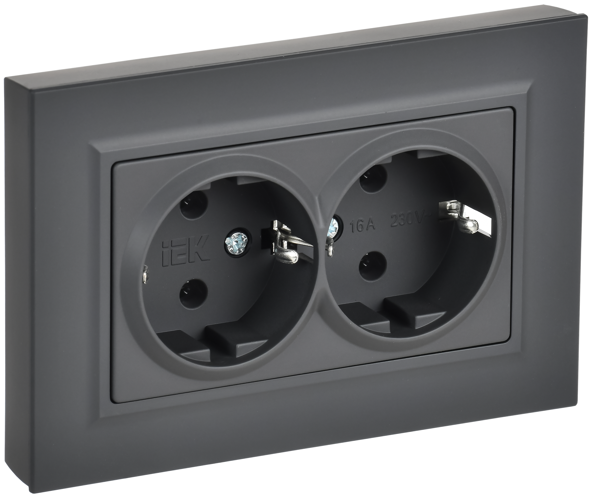 BRITE Розетка 2-местная с заземлением без защитных шторок плоская 16А в сборе РСПл12-3-БрГ графит IEK