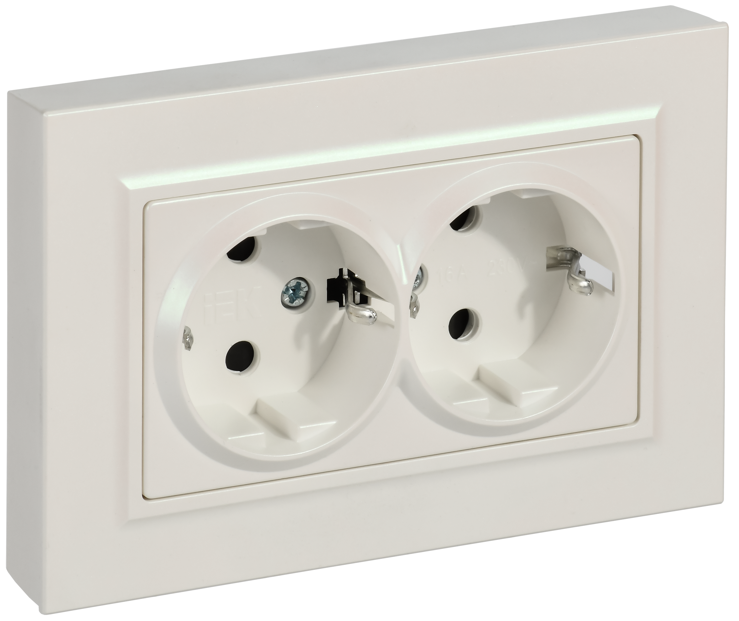 BRITE Розетка 2-местная с заземлением с защитными шторками плоская 16А в сборе РСшПл12-3-БрЖ жемчуг IEK