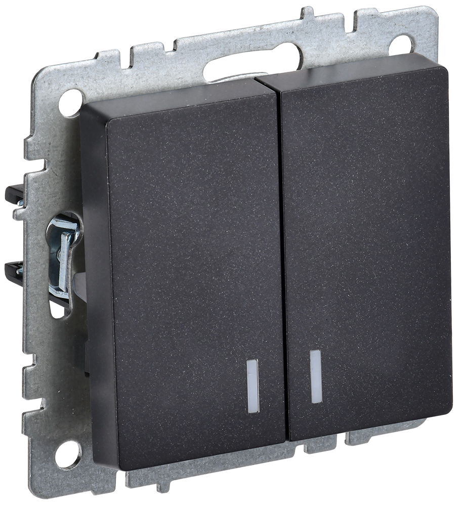 BRITE Выключатель 2-клавишный с индикацией 10А безвинтовое крепление ВС11-2-1-БрЧ черный IEK