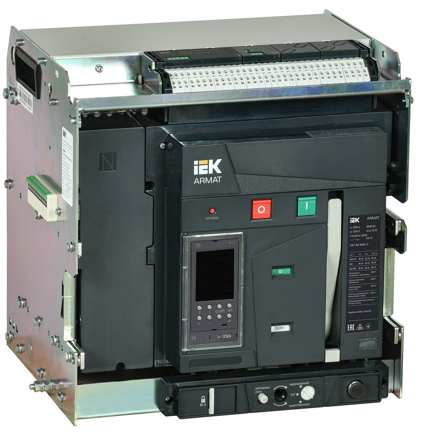 Выключатель автоматический воздушный выдвижного исполнения 4P типоразмер A 66кА 1250А расцепитель TD с комплектом аксессуаров 220В