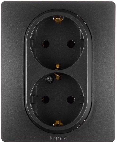 Розетка 2-местная с заземлением без защитных шторок в сборе 16А антрацит ETIKA