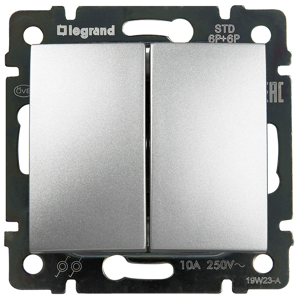 Выключатель 2-клавишный самовозвартный перекидной 10А схема 6P+6P безвинтовое крепление алюминий VALENA