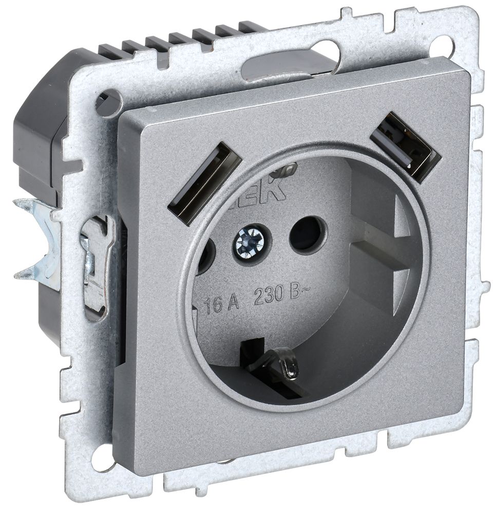 BRITE Розетка 1-местная с заземлением с защитными шторками 16А с USB A+A 5В 2,1А РЮш10-1-БрА алюминий
