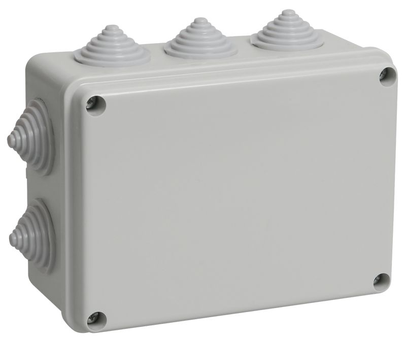 Коробка распаячная КМ41241 для открытой проводки безгалогенная (HF) 150х110х70мм IP44 10 гермовводов серая