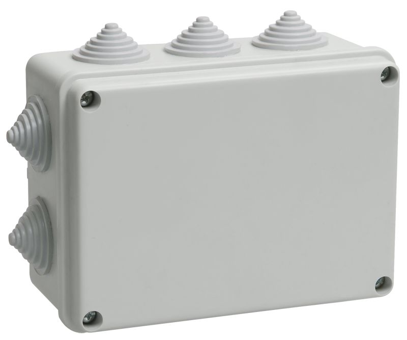 Коробка распаячная КМ41242 для открытой проводки безгалогенная (HF) 150х110х70мм IP55 10 гермовводов серая
