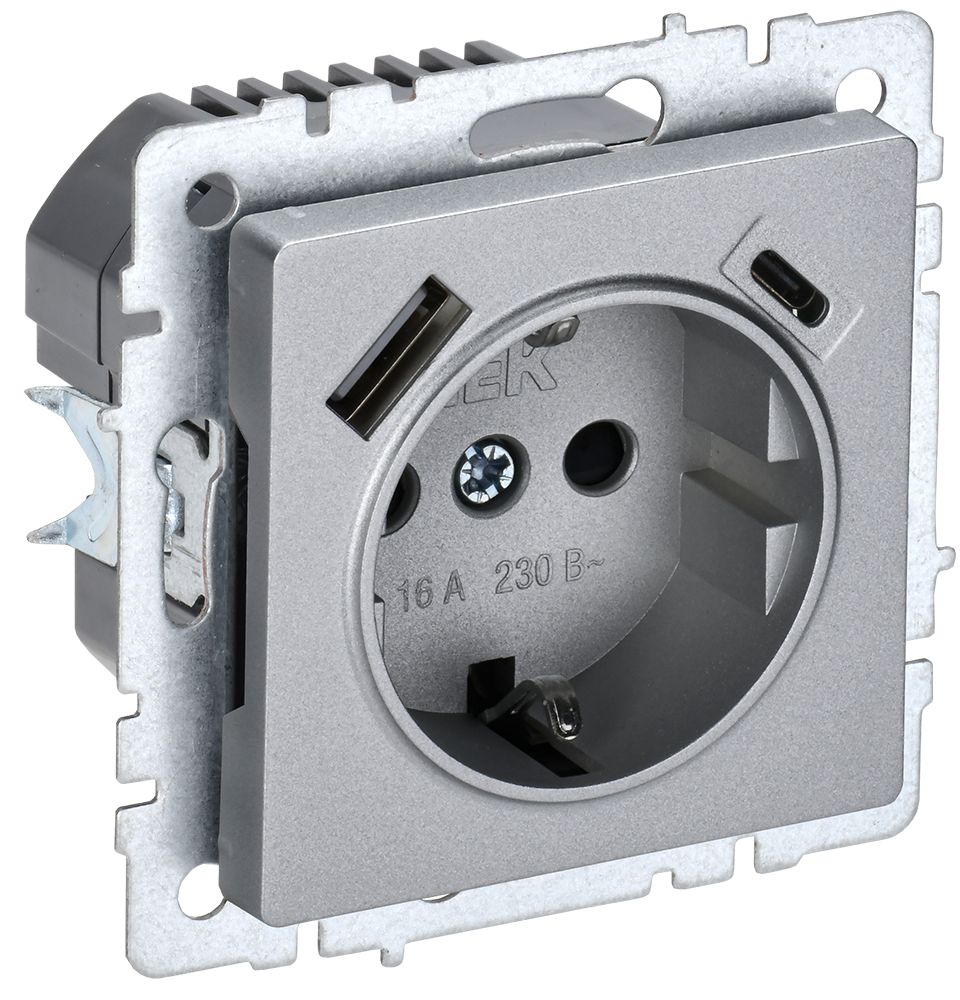 BRITE Розетка 1-местная с заземлением с защитными шторками 16А с USB A+C 18Вт РЮш11-1-БрА алюминий