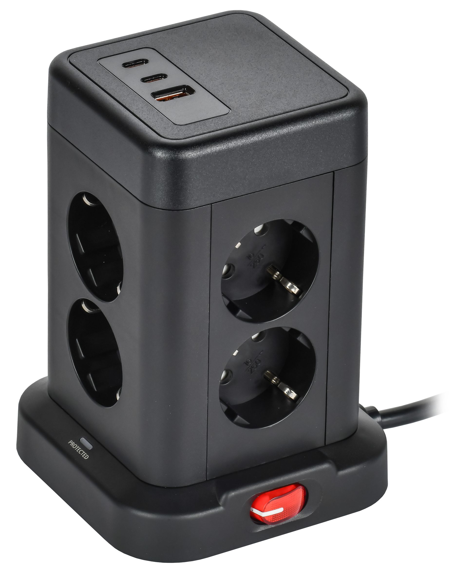 DOMINIC Удлинитель У08K 8 мест 2P+PE 1,5м 3х1,0мм2 16А/250В USB A+C 20Вт черный