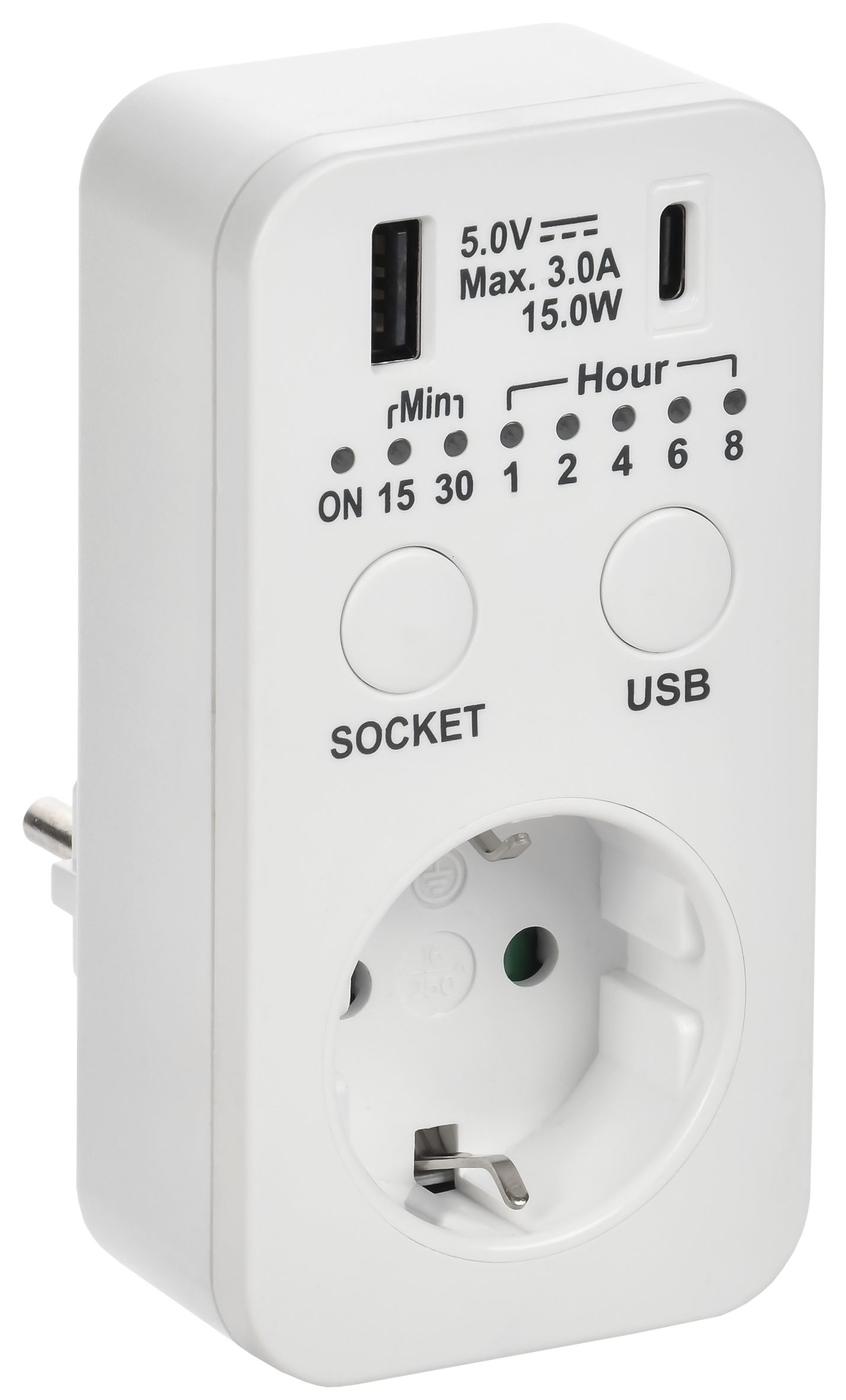 РТЭ-4 Розетка-таймер электронный с USB A+C 15мин-8ч 16А IP20 белый