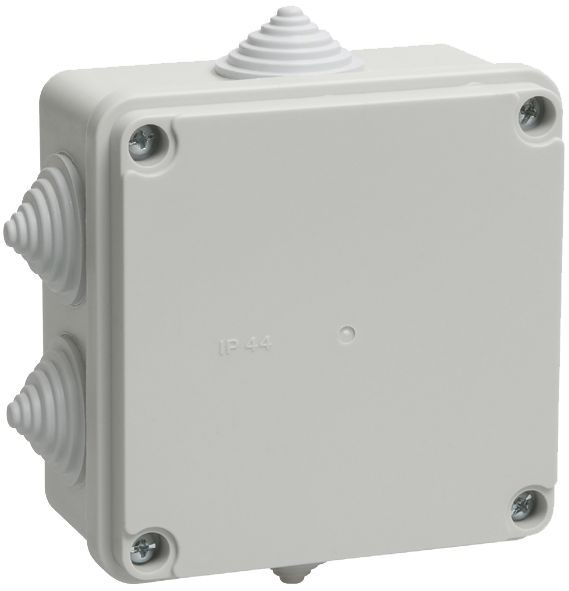 Коробка распаячная КМ41234 для открытой проводки безгалогенная (HF) 100х100х50мм IP55 6 гермовводов серая