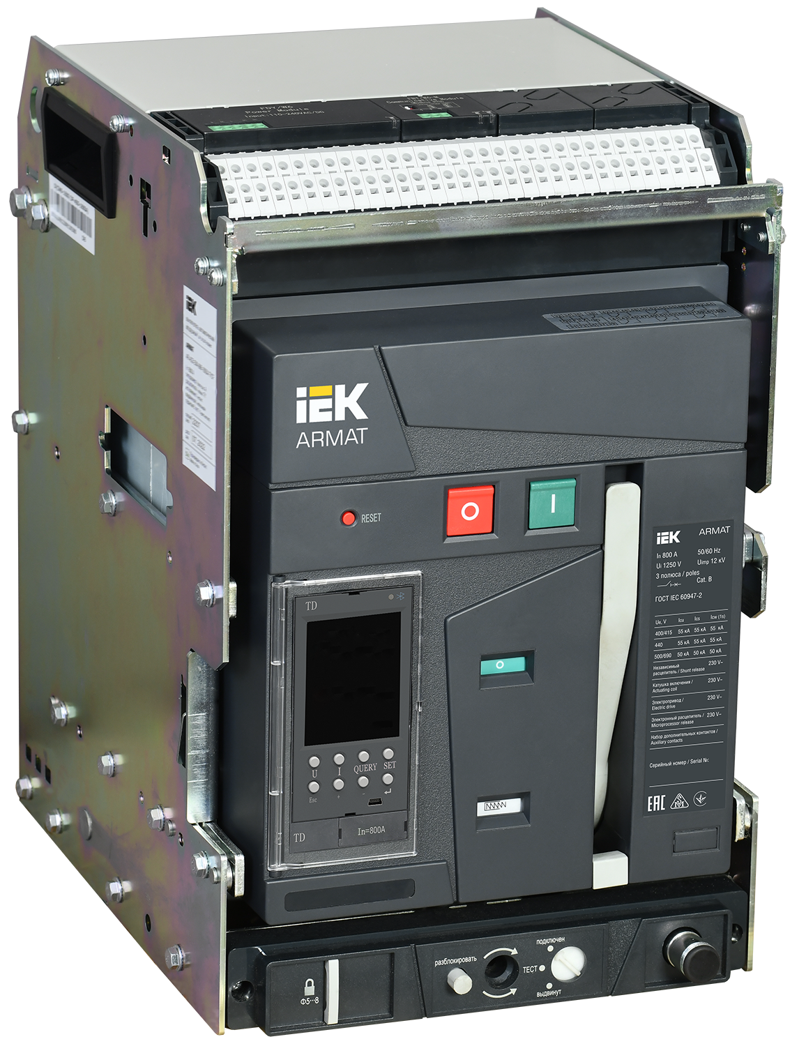 Выключатель автоматический воздушный выдвижного исполнения 3P типоразмер A 55кА 800А расцепитель TD с комплектом аксессуаров 220В