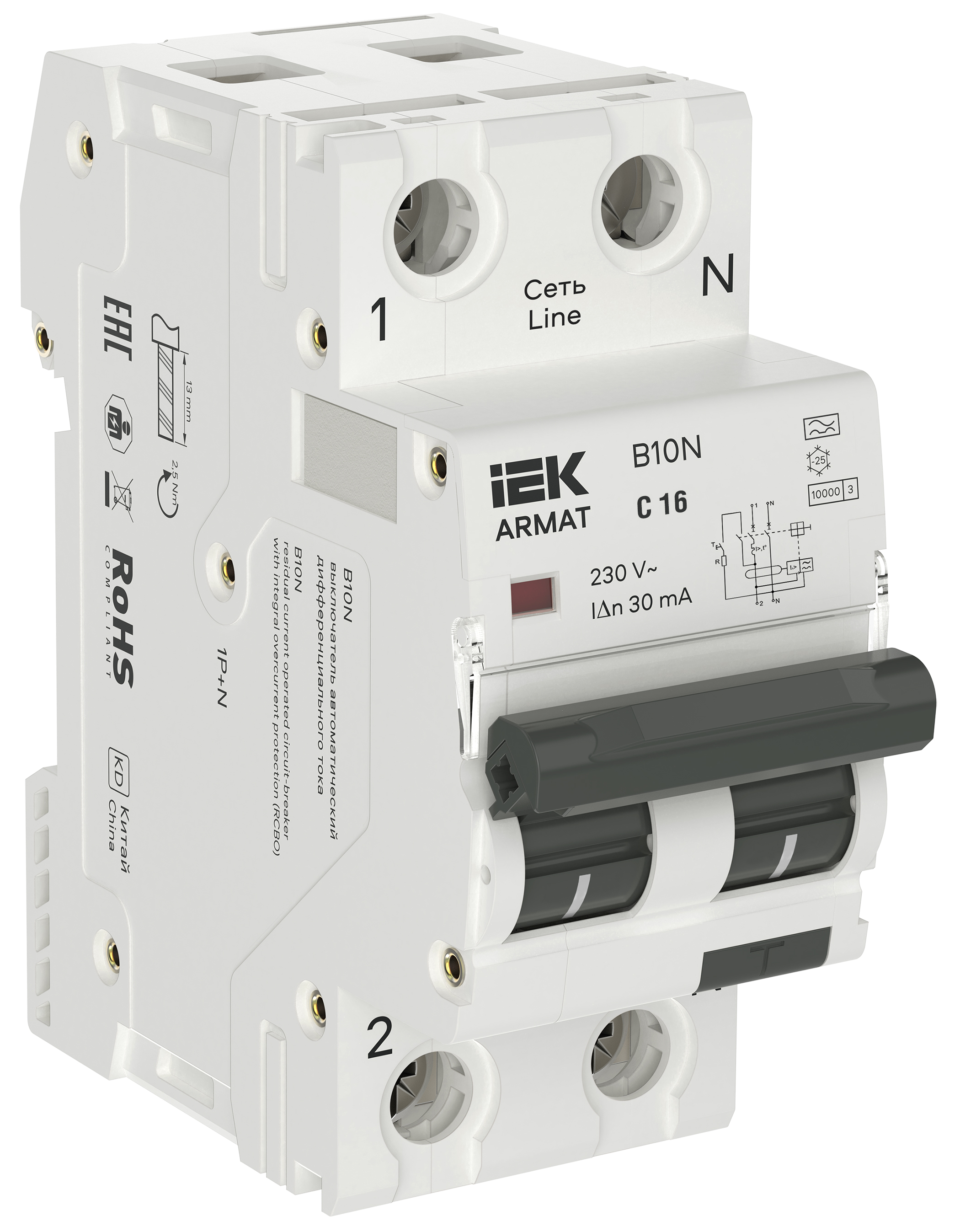 Выключатель автоматический дифференциального тока B10N 1P+NP C16 30мА тип A (36мм)