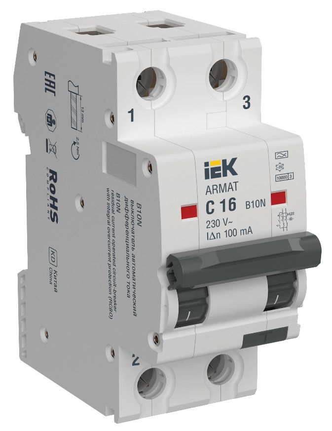 Выключатель автоматический дифференциального тока B10N 2P C16 100мА тип A