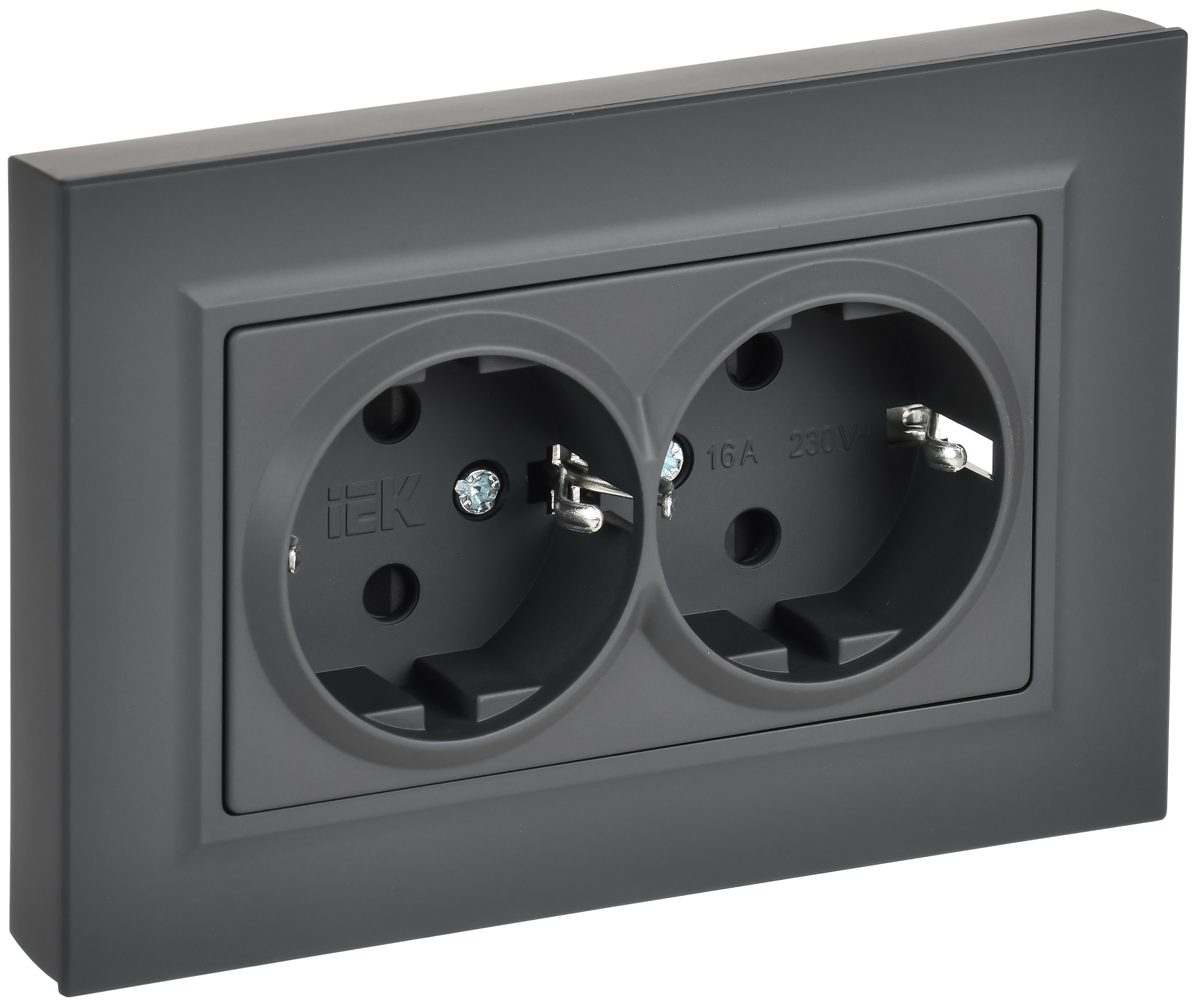 BRITE Розетка 2-местная с заземлением с защитными шторками плоская 16А в сборе РСшПл12-3-БрГ графит IEK