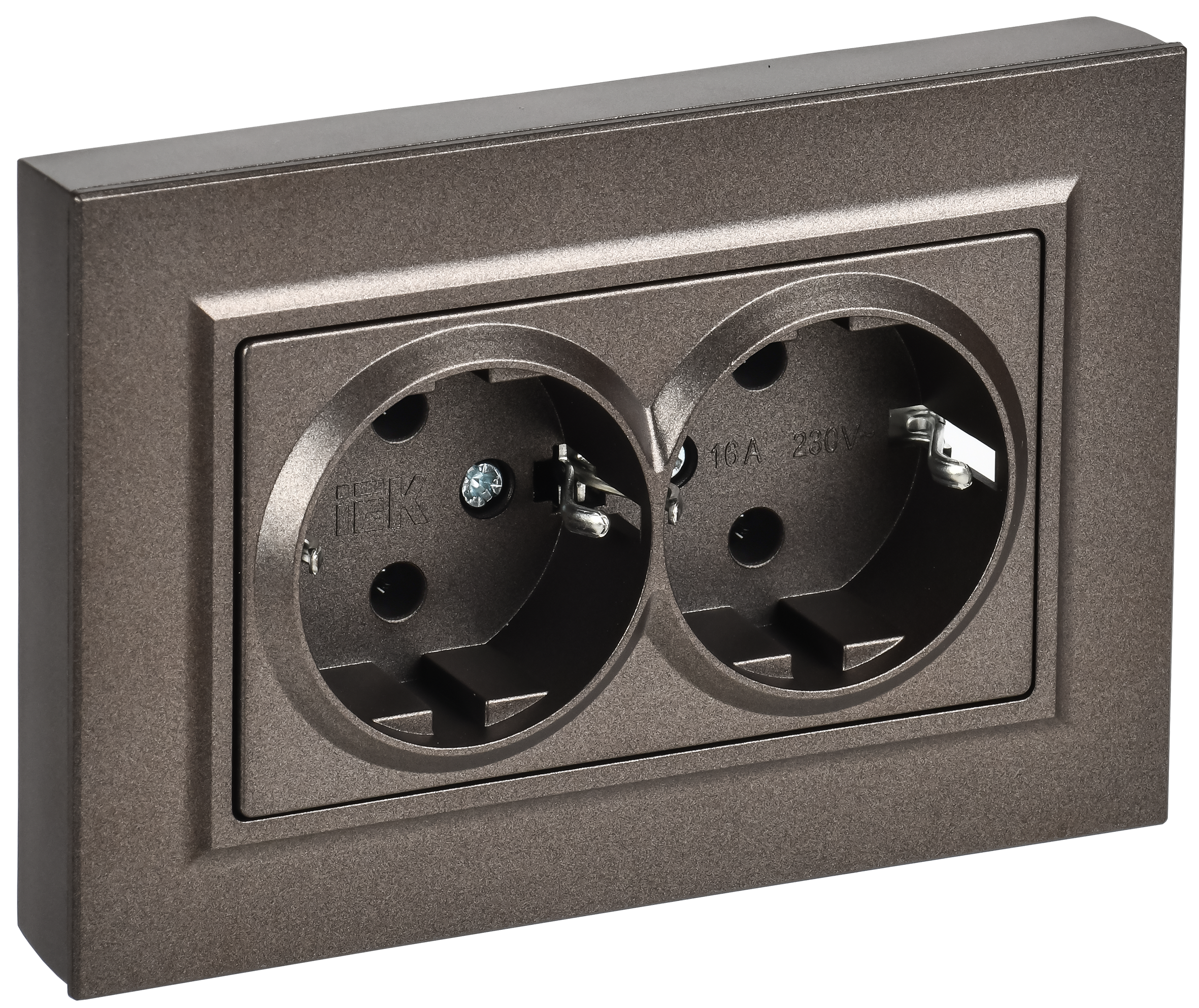 BRITE Розетка 2-местная с заземлением без защитных шторок плоская 16А в сборе РСПл12-3-БрТБ темная бронза IEK