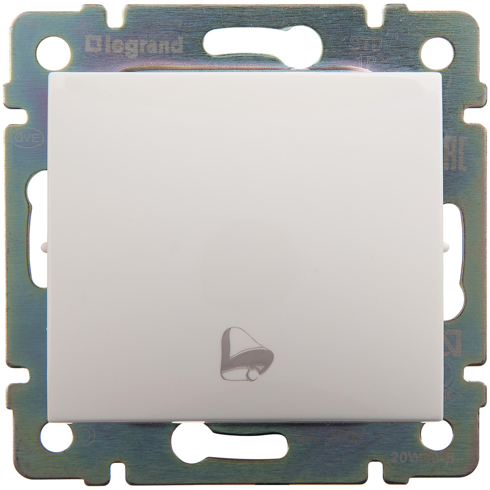 Выключатель 1-клавишный самовозвартный с символом звонка 10А схема 1P безвинтовое крепление белый VALENA