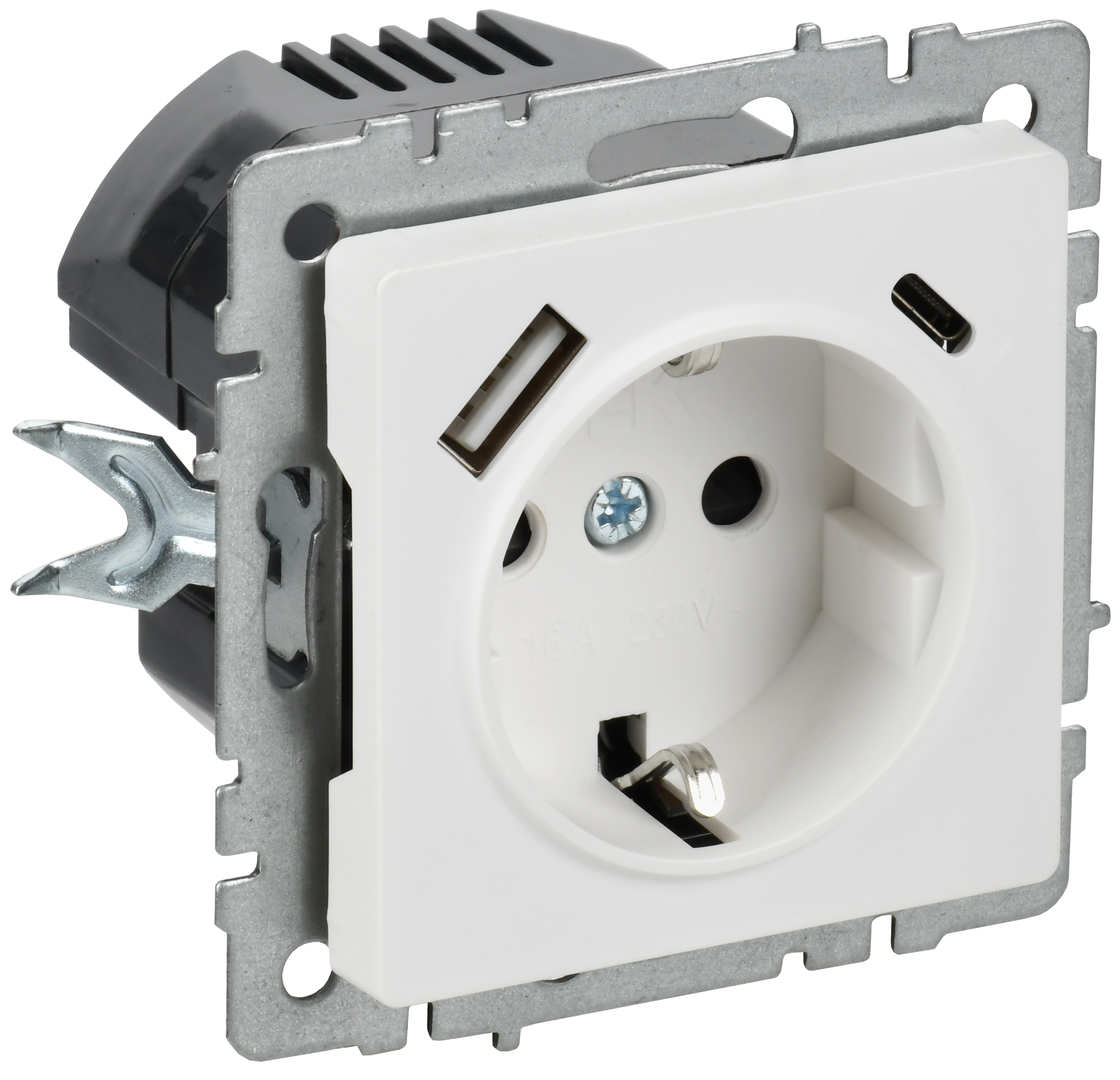 BRITE Розетка 1-местная с заземлением с защитными шторками 16А с USB A+C 18Вт РЮш11-1-БрАБ арктический белый IEK